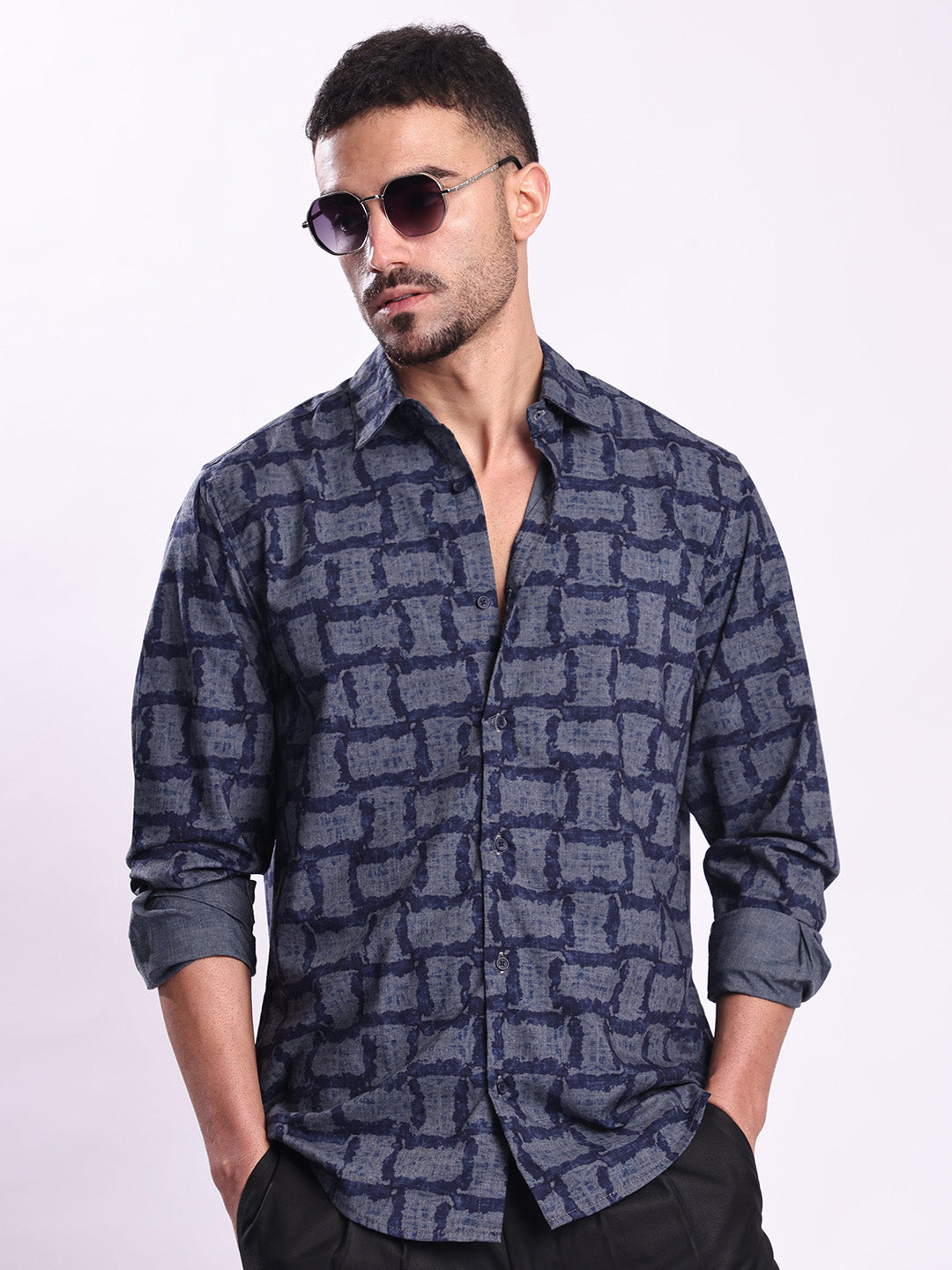 Men Grey and Blue Printed Casual Shirt