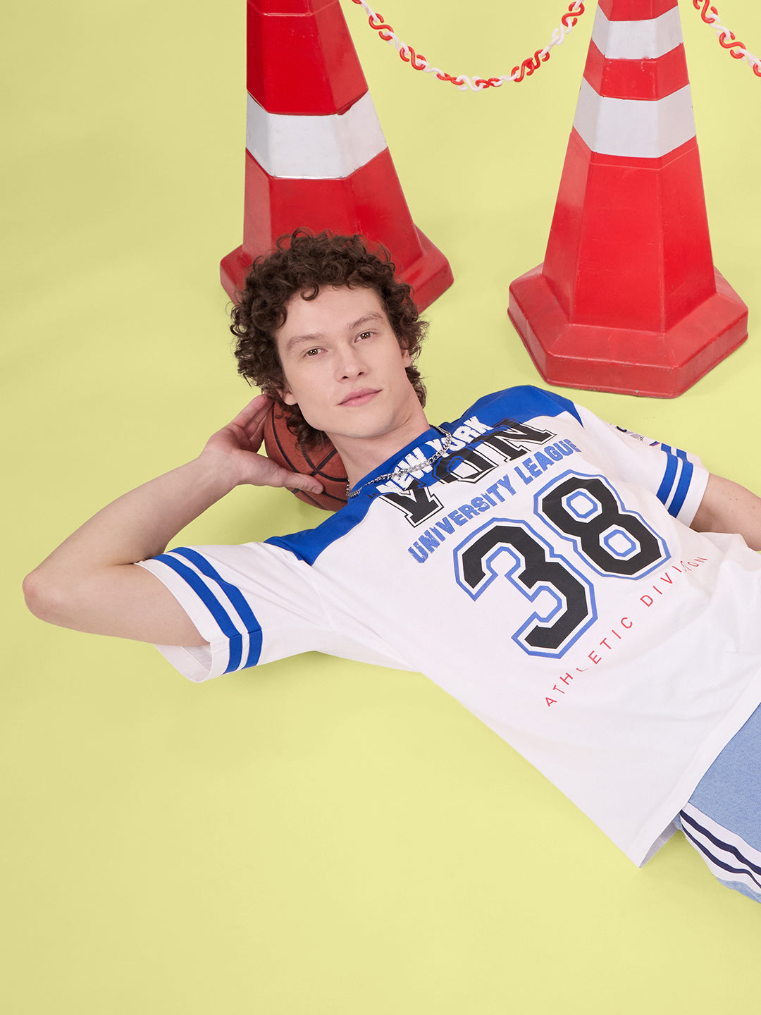 Men White/Blue Oversized Varsity Hd Printed T-Shirt