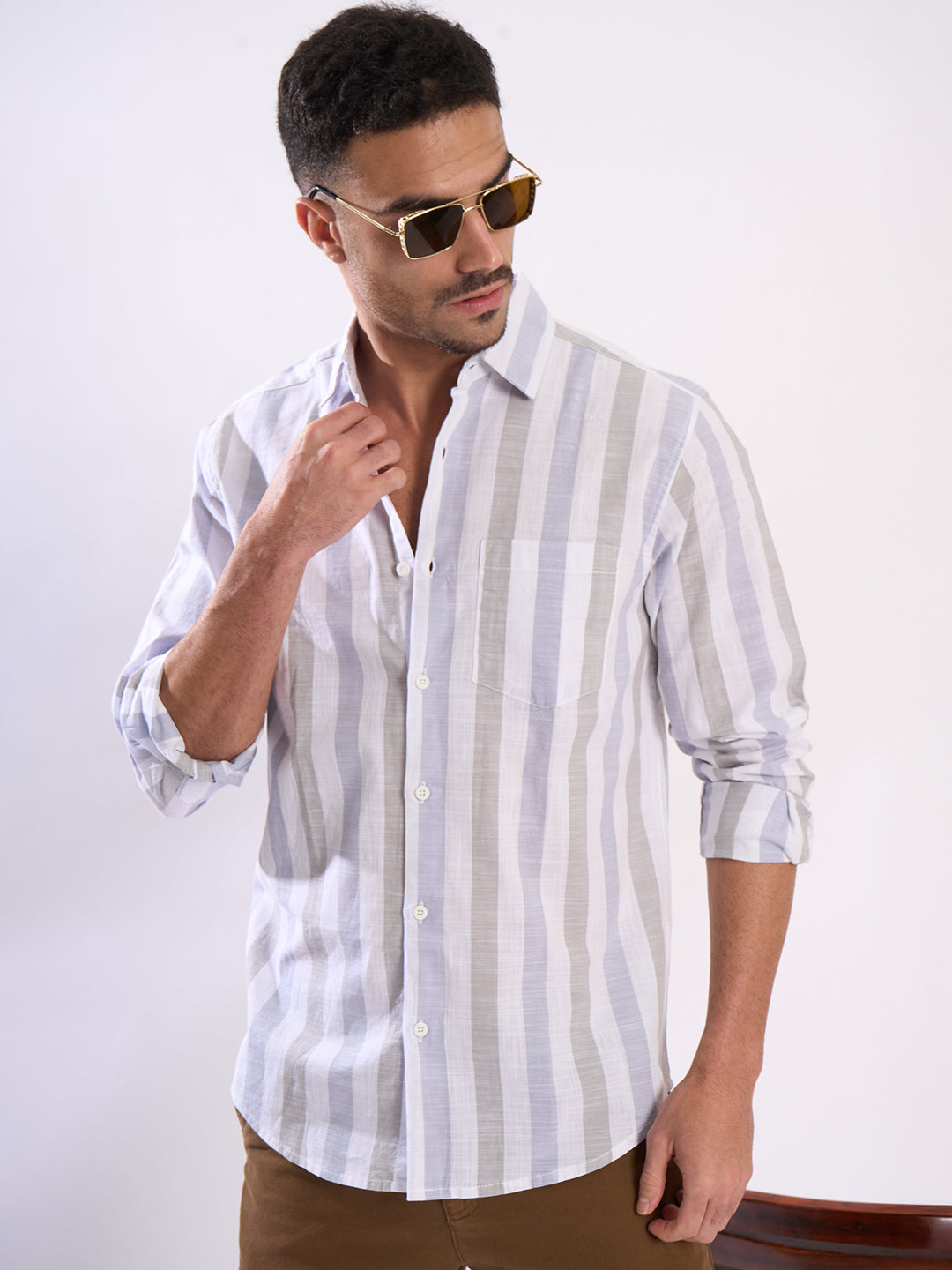 Men Blue and Grey Striped Single Pocket Shirt