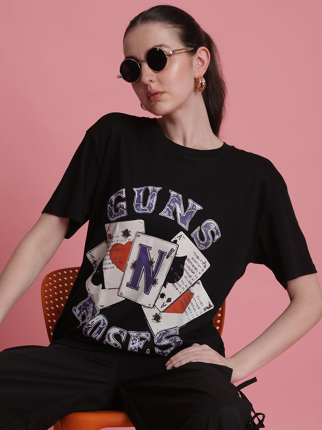 Woment's Balck Oversize  Graphic Printed T Shirt