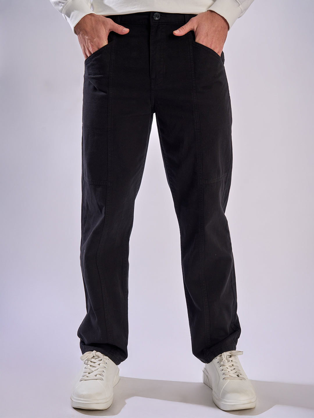 Men Black Panelled Relax Fit Trousers