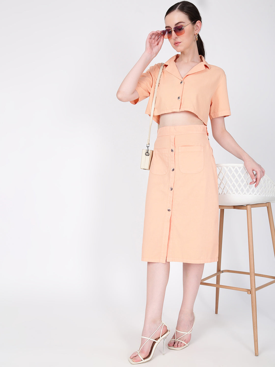 Women Peach Resort Collar Crop Shirt with Skirt Coord set