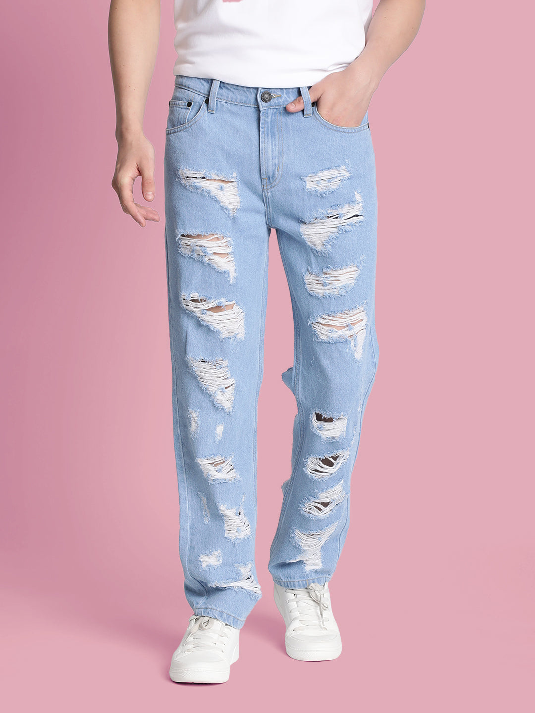 Men’s Blue Heavy Distressed Relaxed-Fit Jeans