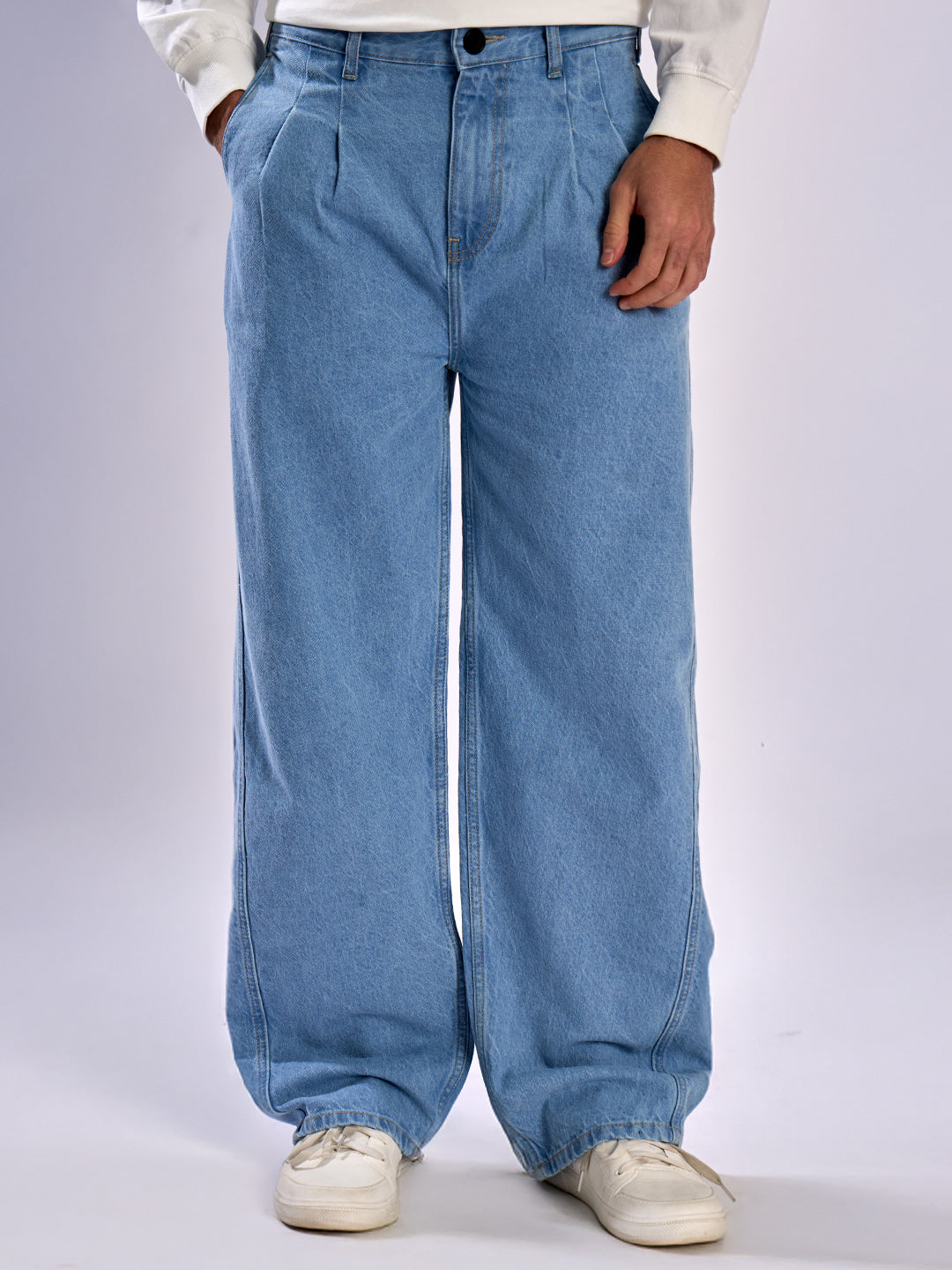 Men Blue Pleated Baggy fit Jeans