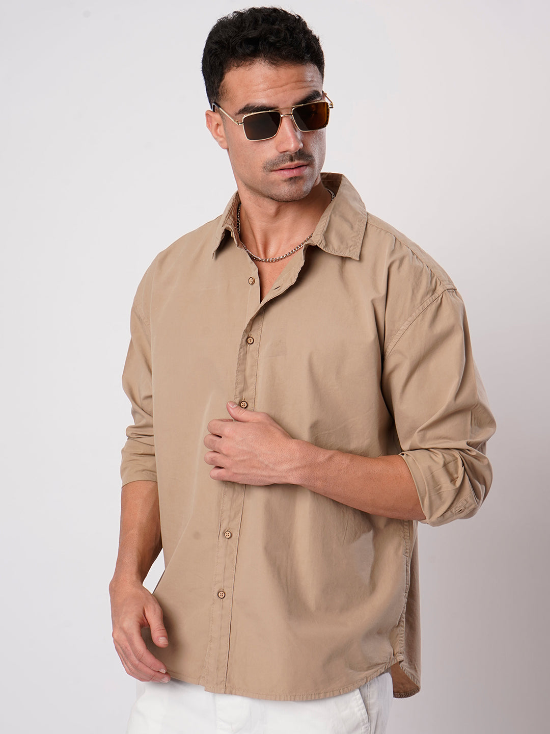 Men Beige Oversize Cotton Casual Shirt