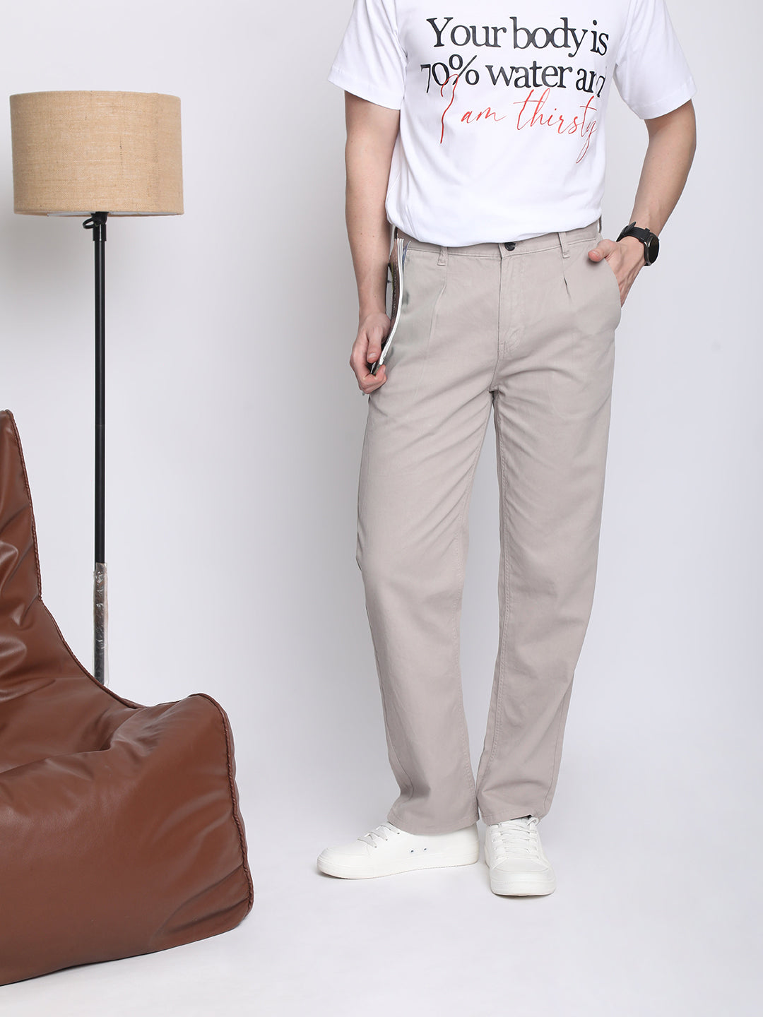 Men Grey Straight-Fit Solid Chinos