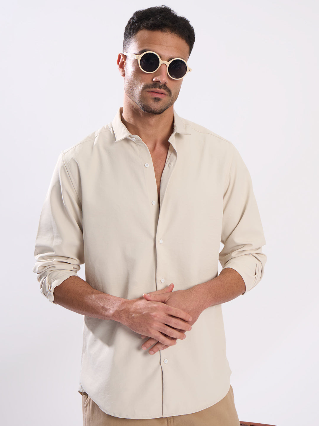 Men Off White Soild Casual Shirt