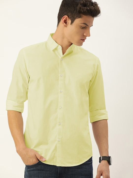 Men Lemon Yellow Slim Fit Solid Casual Shirt