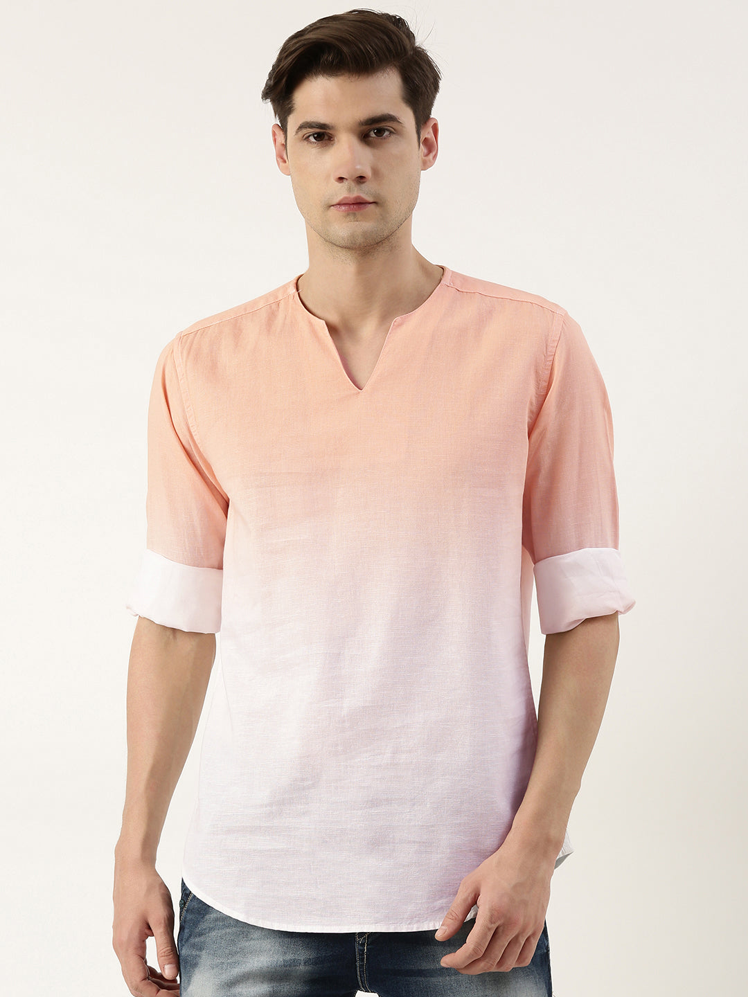 Men White/Pastel Orange Slim Fit Solid Ombre Kurta