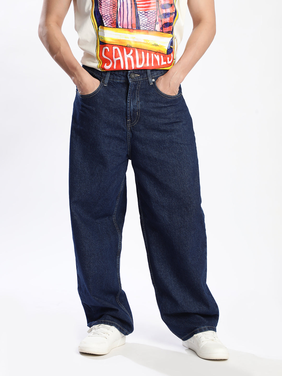 Men Dark Blue Loose Balloon Jeans