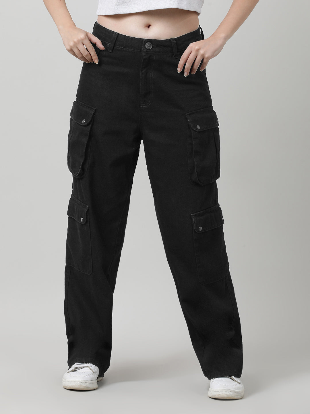 Women Black Relaxed Fit High Rise Solid Cargo Jeans with Snap