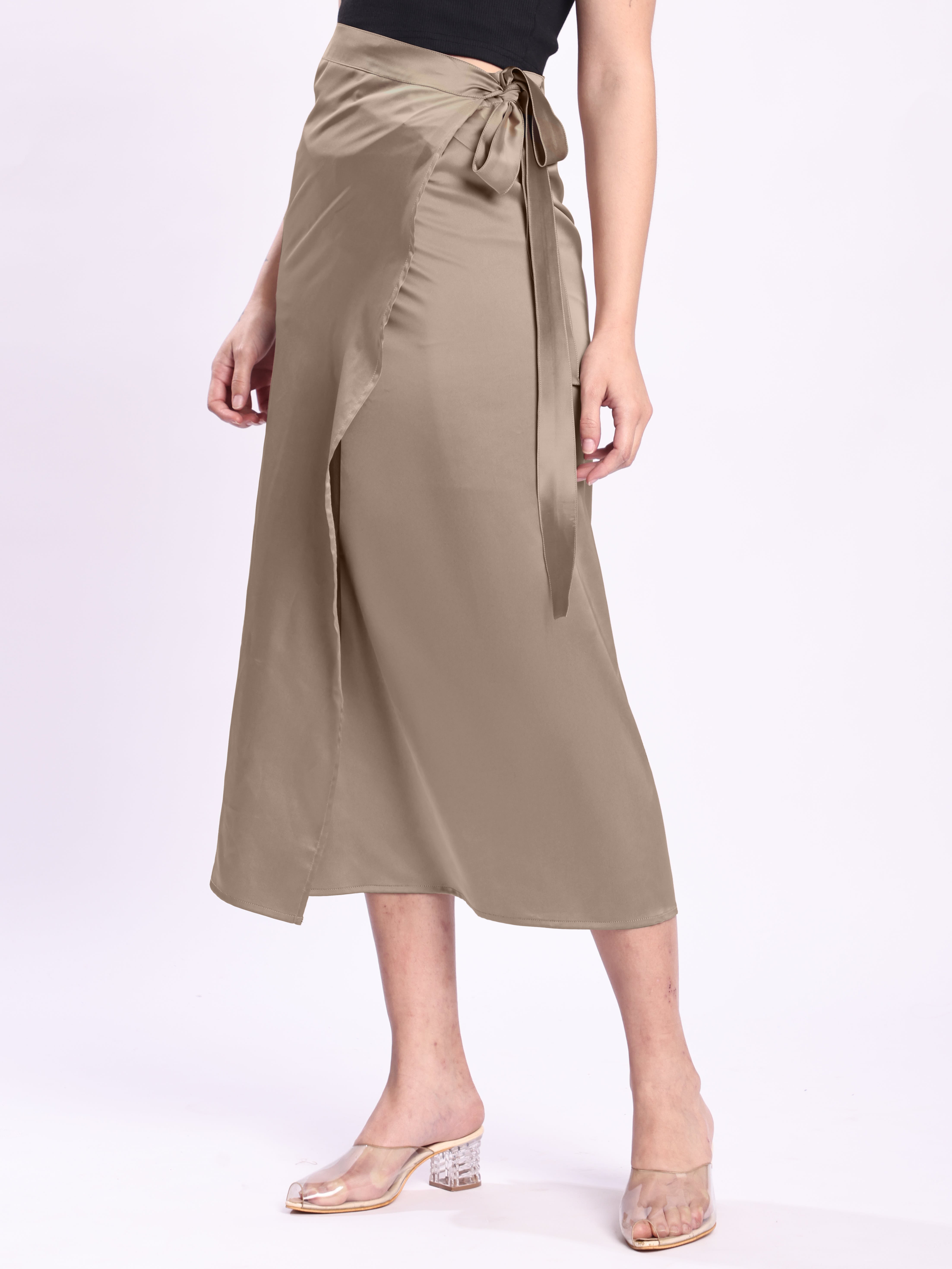 Women Beige Satin Wrap-Around Maxi Skirt