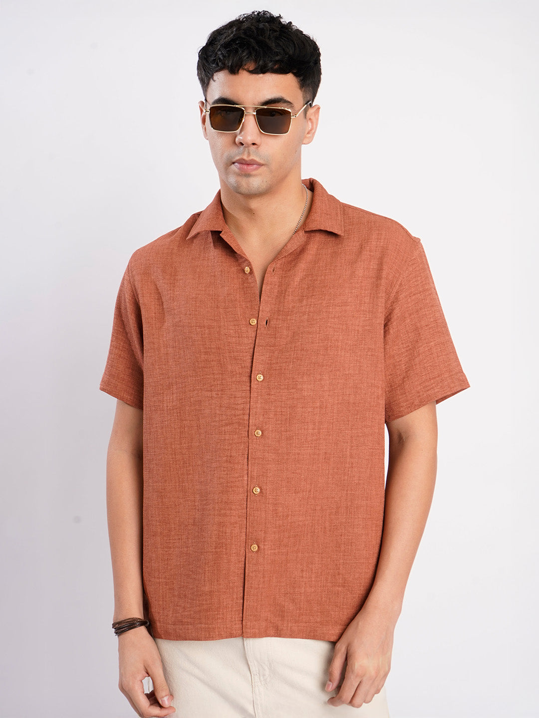 Men Rust Textured Resort Collar Shirt