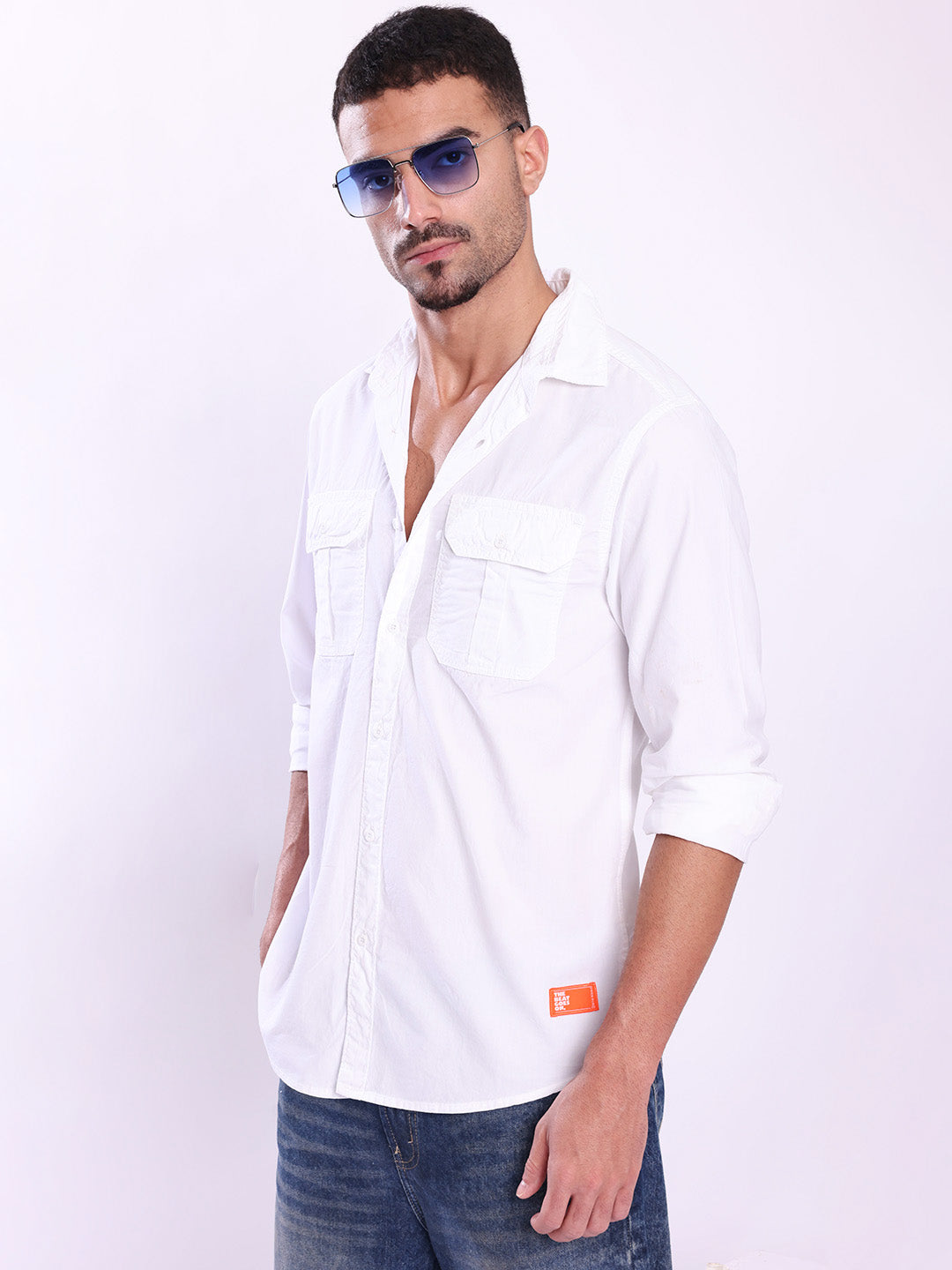Men White Double Pocket Casual Shirt
