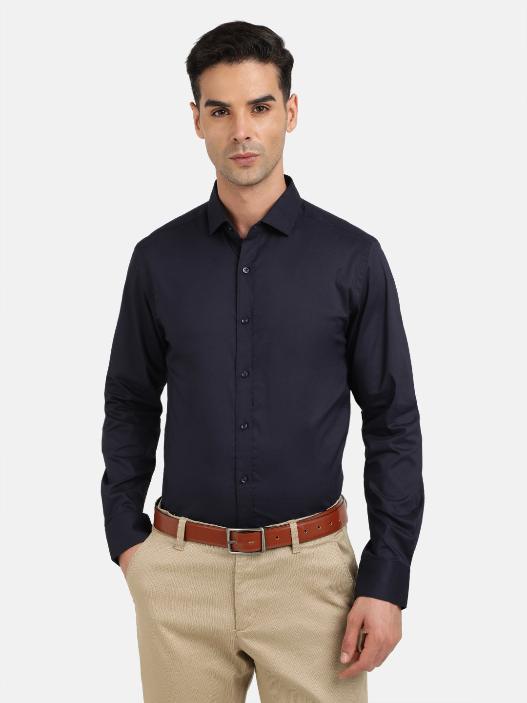 Men Navy Solid Slim Fit Opaque Formal Shirt