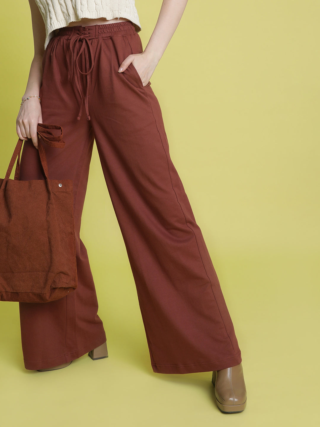 Women Brown Wide-Leg Solid Trousers