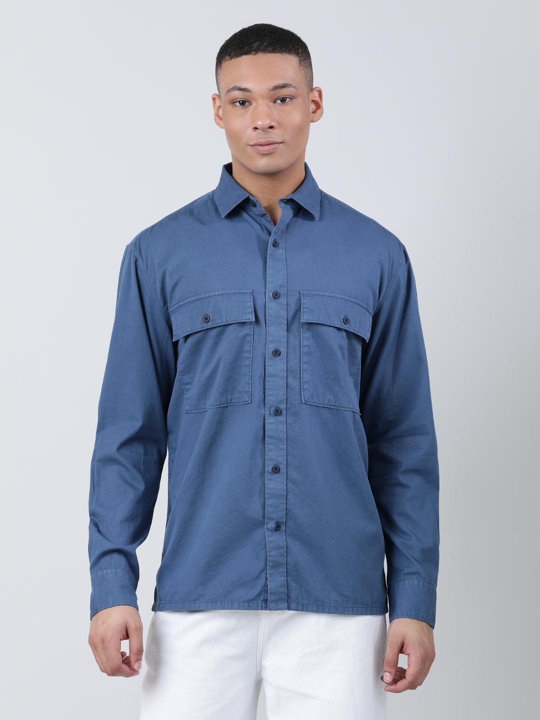 Men Navy Blue Relaxed Fit Casual Shirt with Double Big Pockets