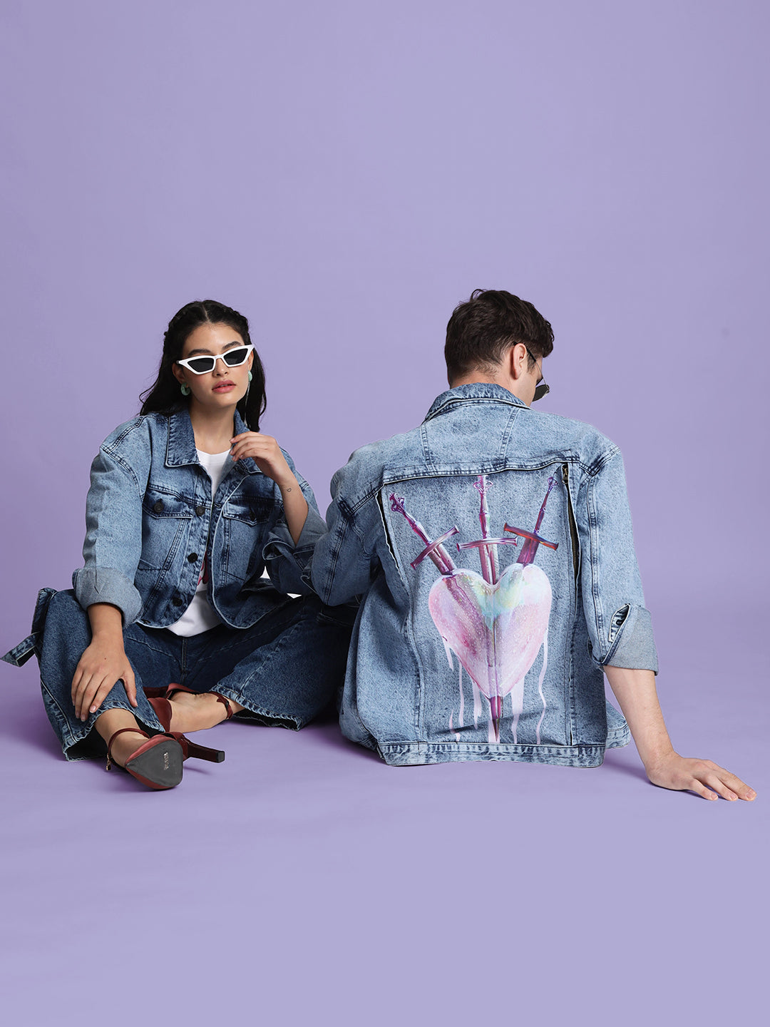 Gender fluid Heart Detachable Back Print Panel Denim Jacket