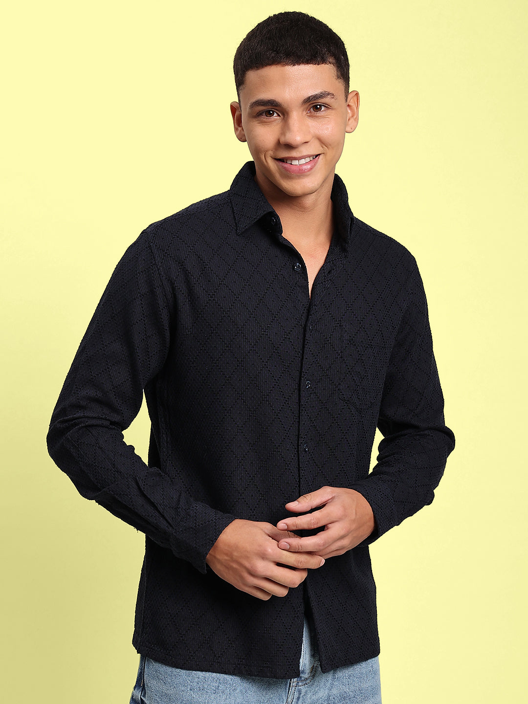 Men Navy Full Sleeve Textured Party Shirt