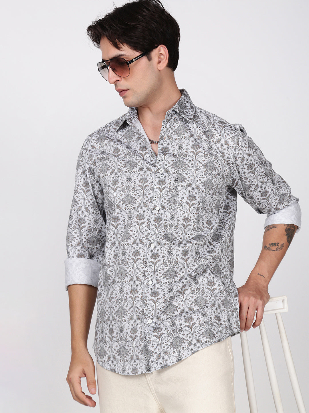 Men Grey Slim Fit Printed Single Pocket Shirt