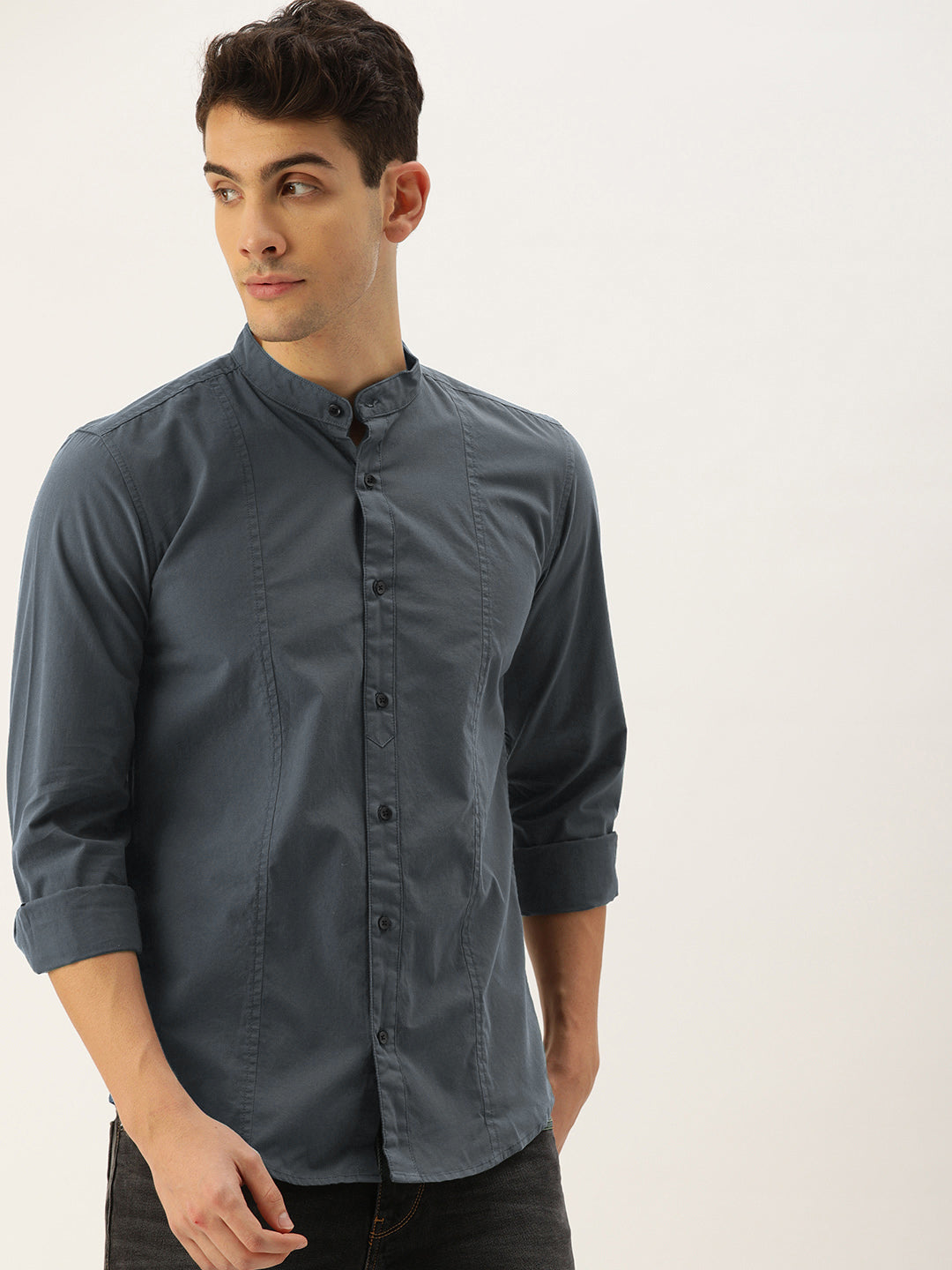 Men Charcoal Grey Solid Slim Fit Casual Shirt