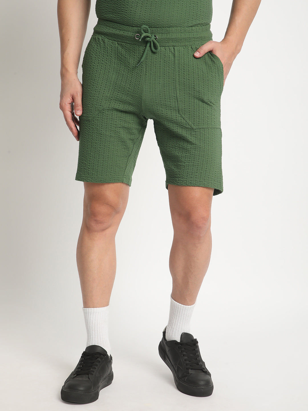 Men Bottle Green Regular Fit Knitted Seersucker Solid Casual Shorts