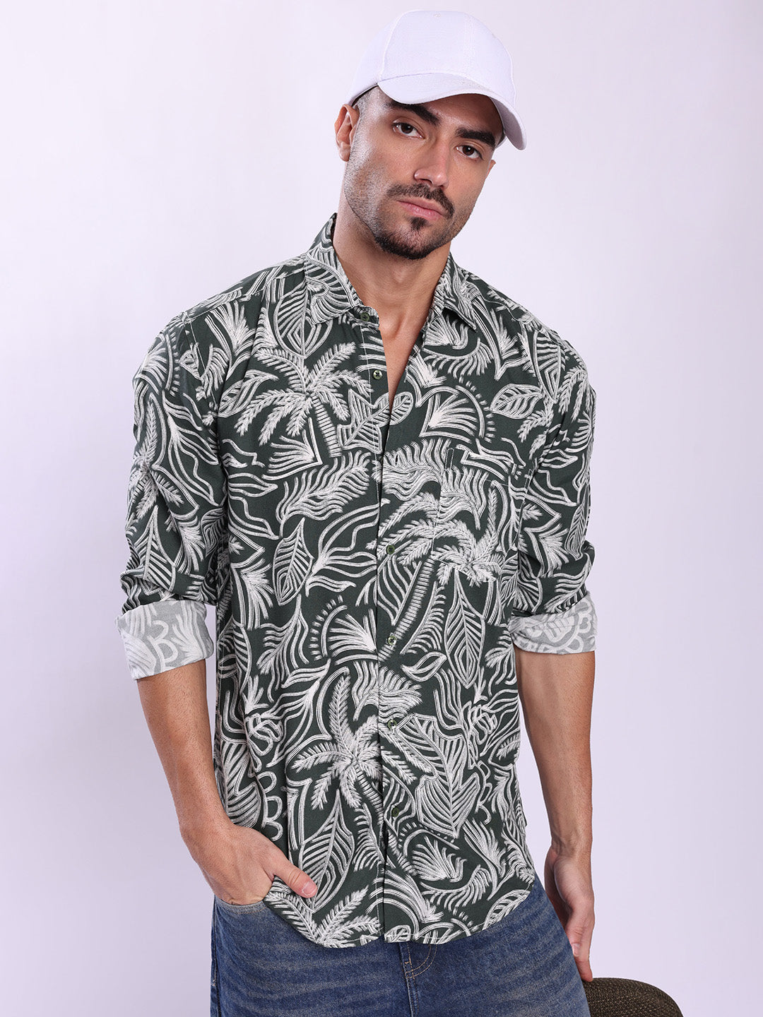 Men Green and white Single Pocket Shirt