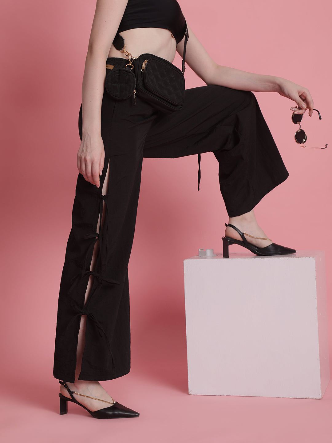 Women Black Wide Leg Trouser with side Tie up