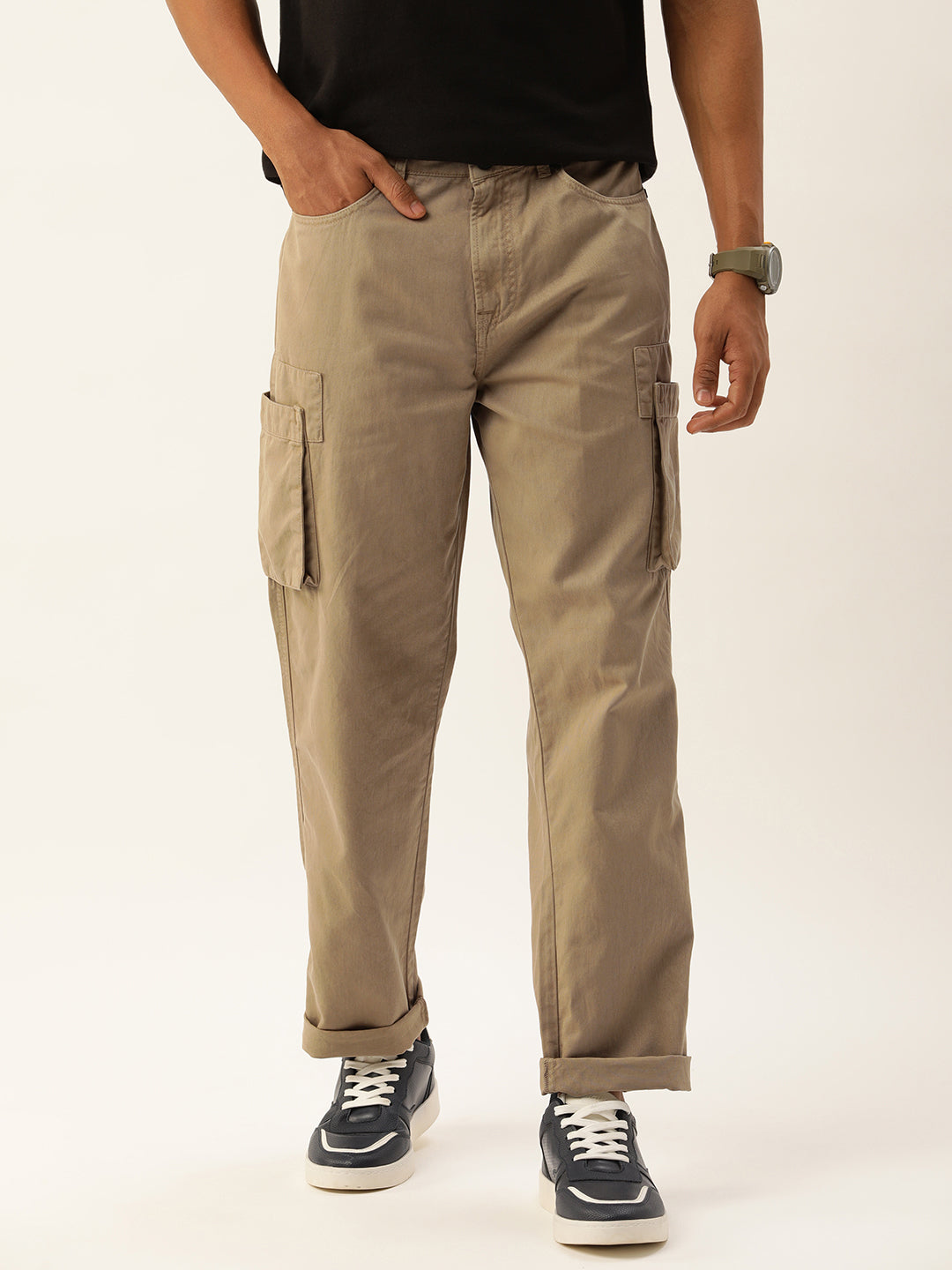 Men Ivory Beige Straight Fit Solid Cargo Trouser