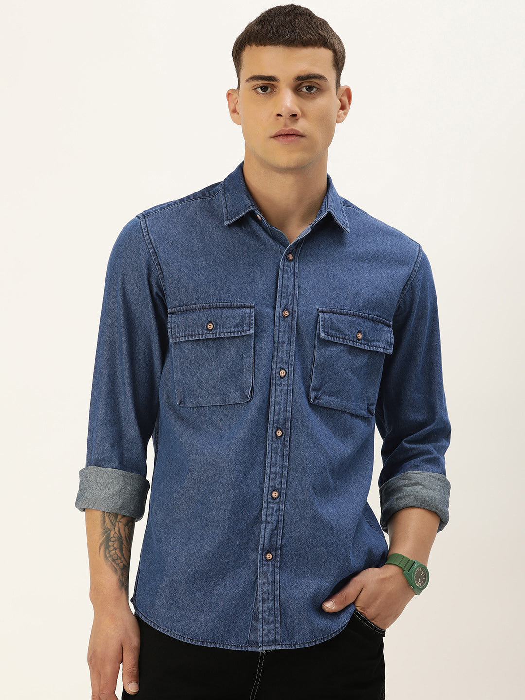 Men Blue Solid Regular Fit Denim Casual Shirt