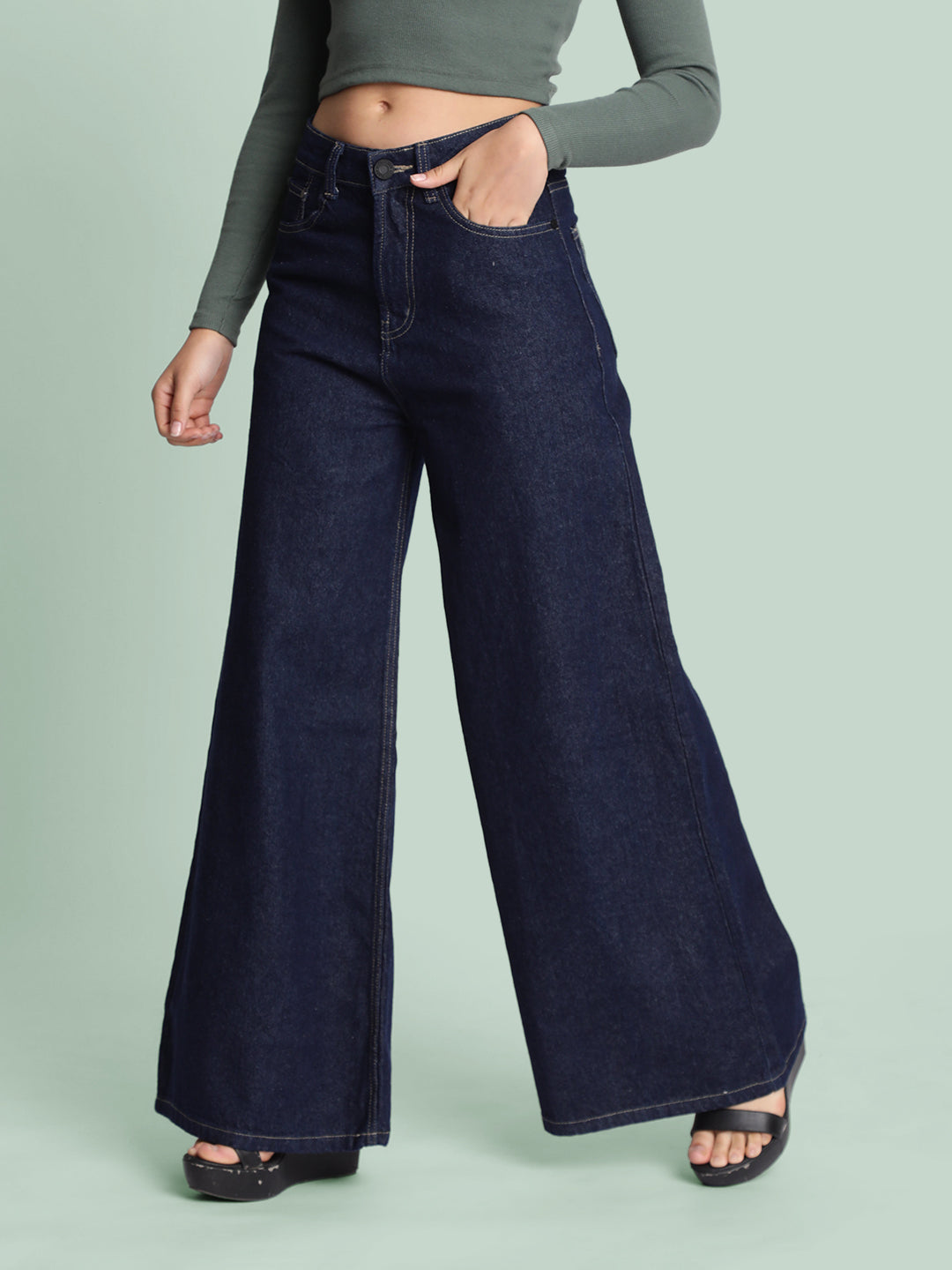 Women Navy Super Wide-Leg Jeans