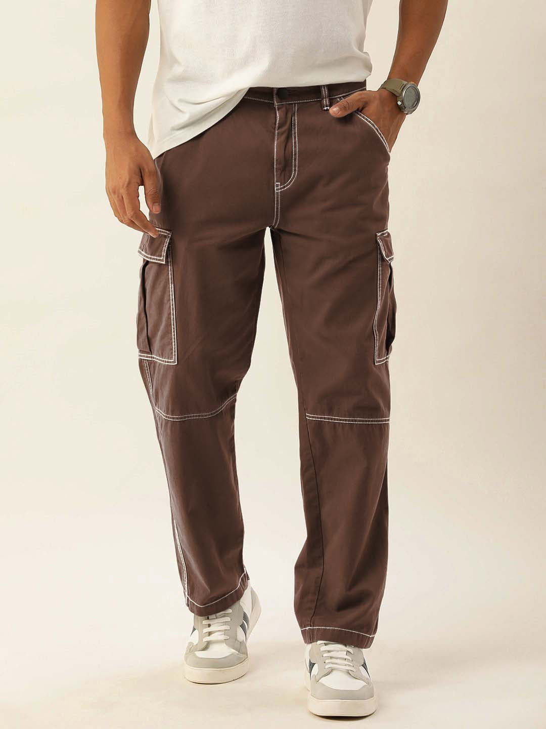 Men Chocolate Brown Relaxed Fit Solid Cargo Trouser