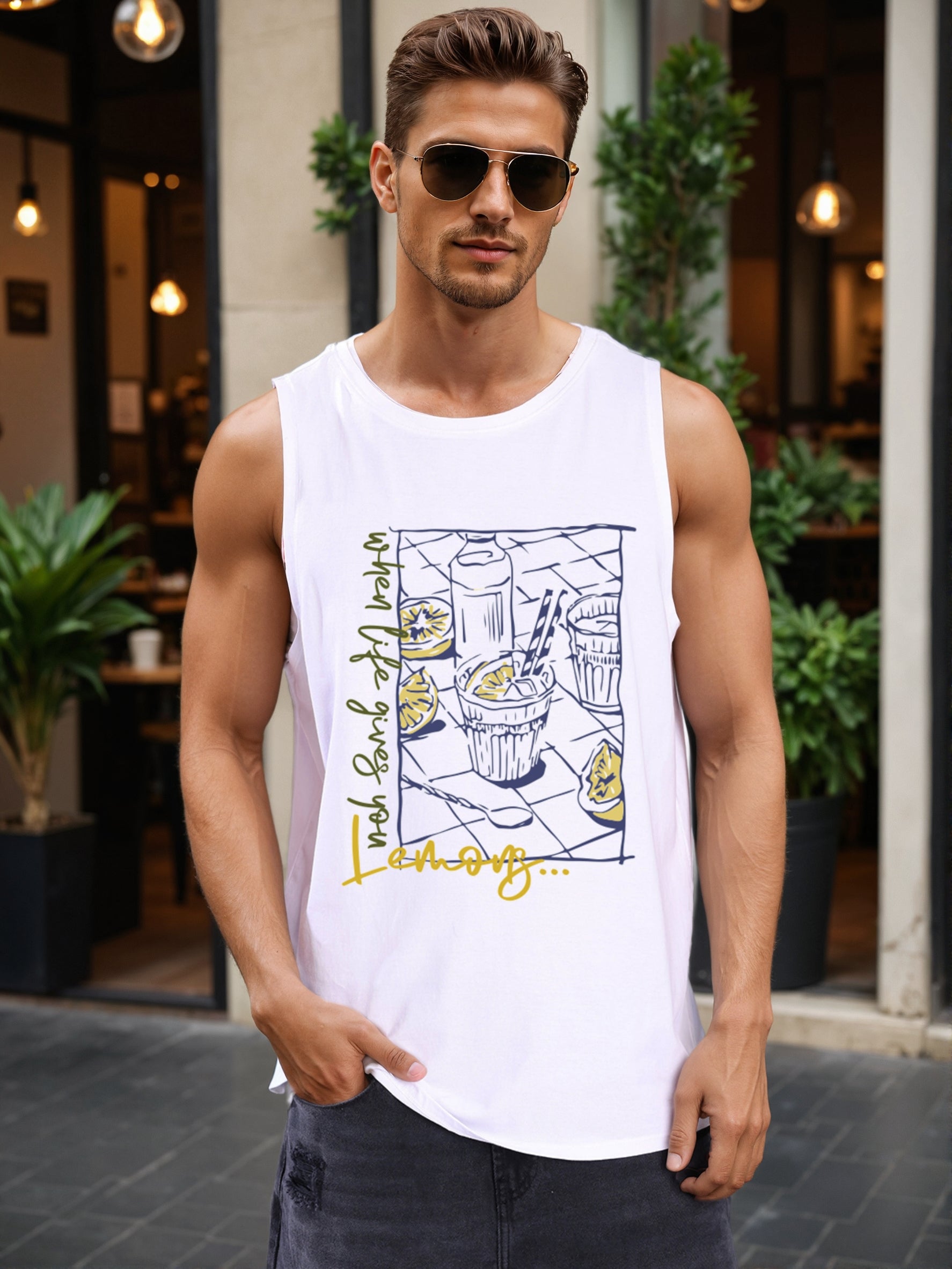 Men White Sleeveless Graphic Print Relax Fit T Shirt