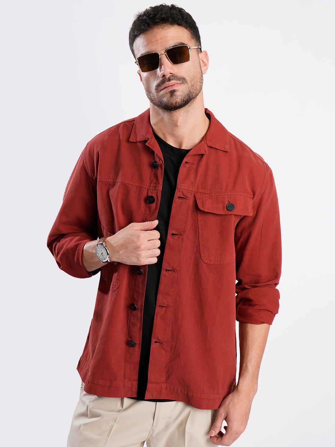 Men Brick Red Double Pocket Shacket