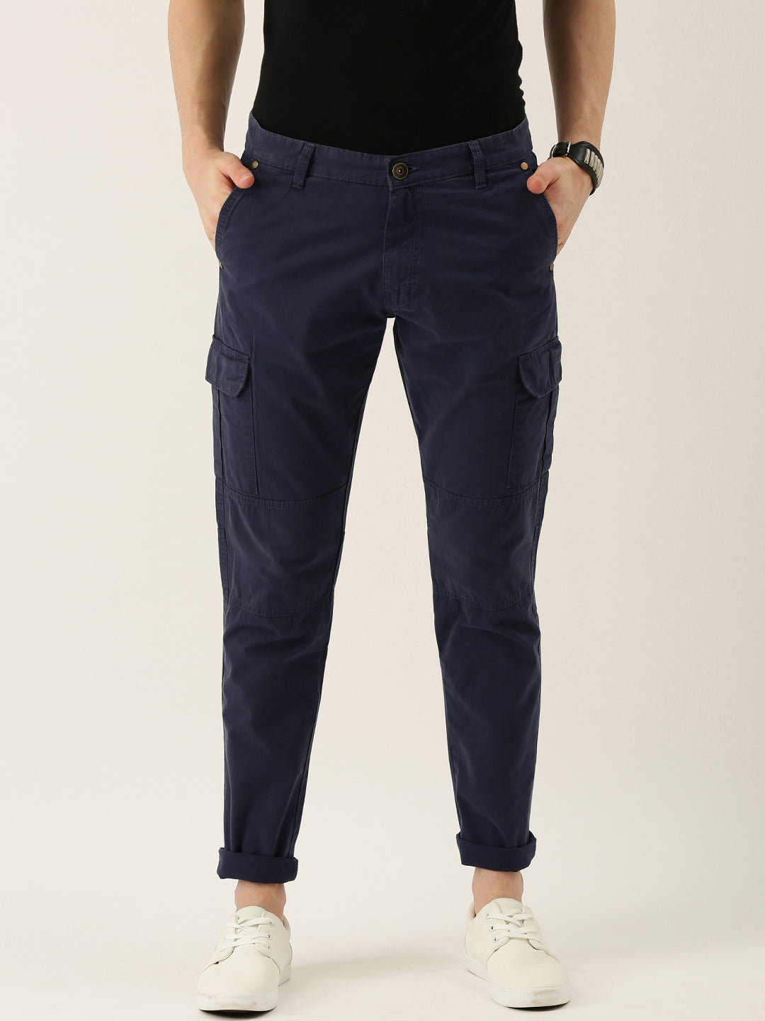 Men Navy Blue Slim Fit Solid Cargo Trouser