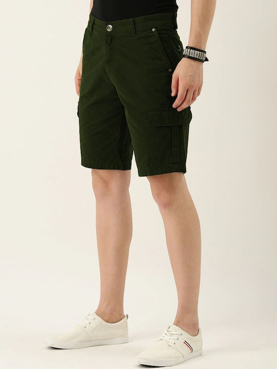 Men Woodland Green Slim Fit Solid Cargo Shorts