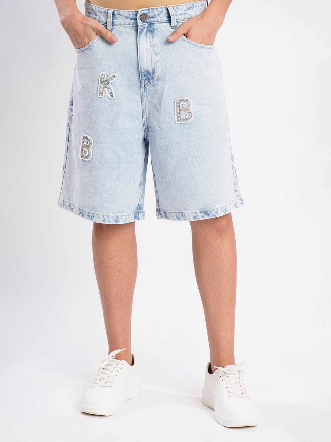 Men Blue Patchwork Baggy Fit Denim Shorts