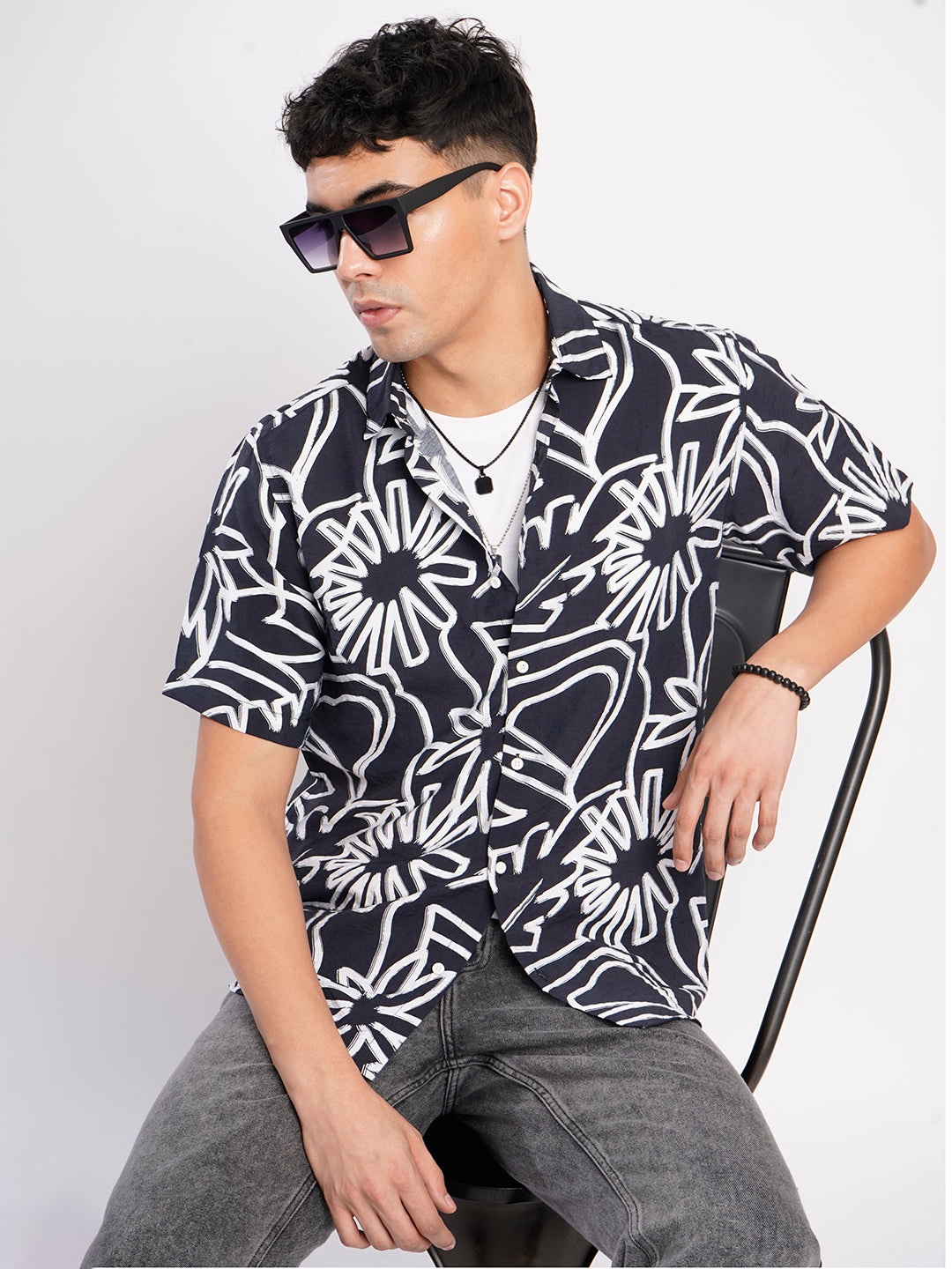 Men Navy and White Abstract printed Shirt
