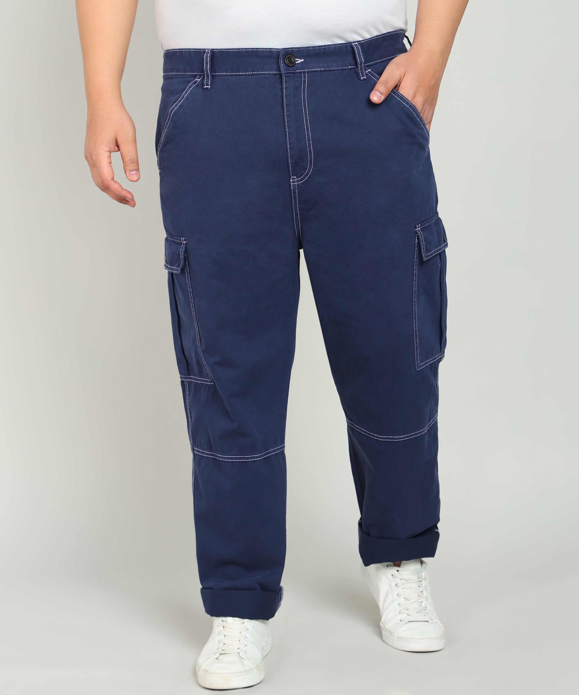 Men Prussian Blue Regular Fit Solid Cargo Trouser with Contrast Stitch