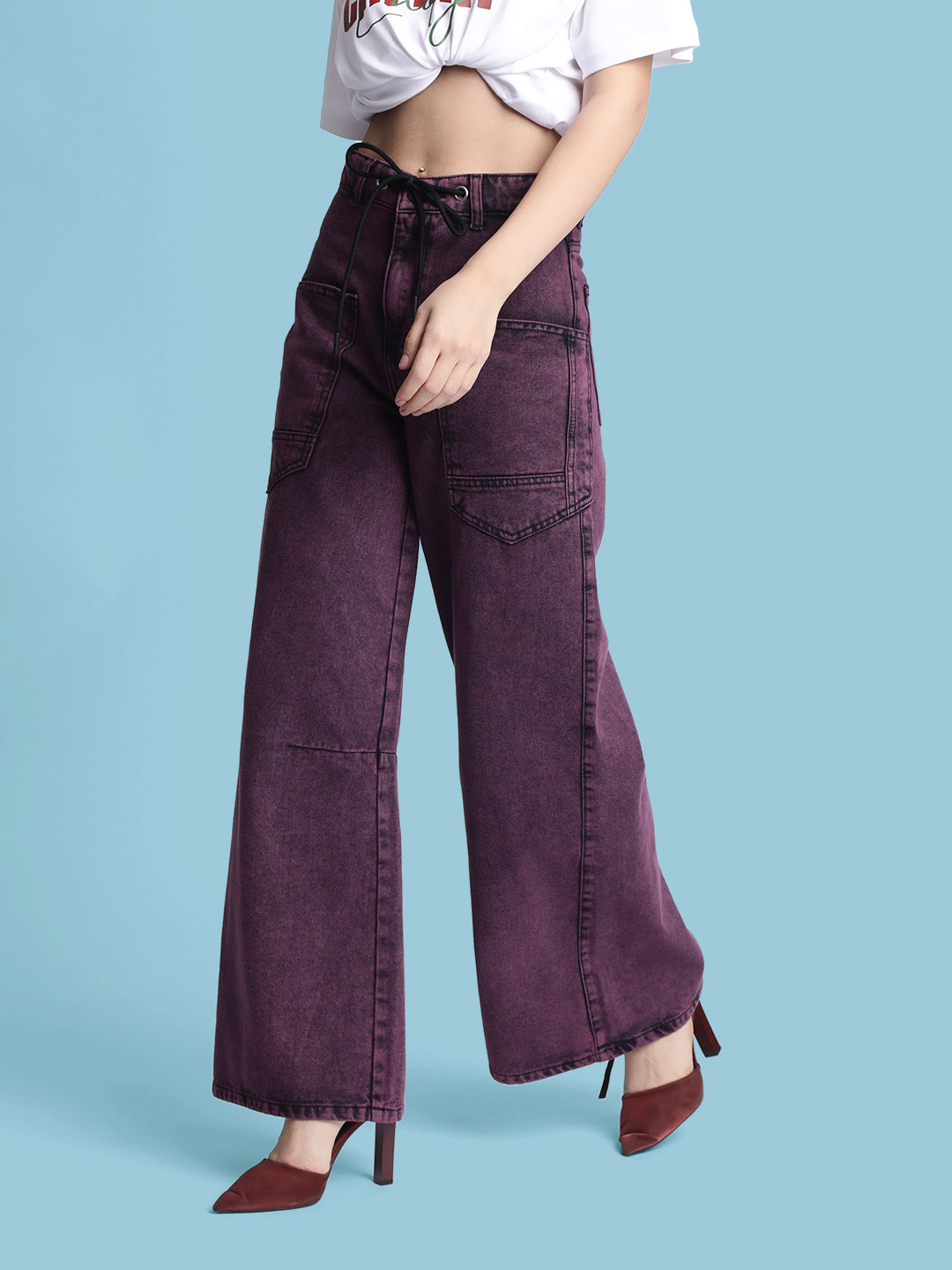 Women Wide Leg Purple Tinted Jeans