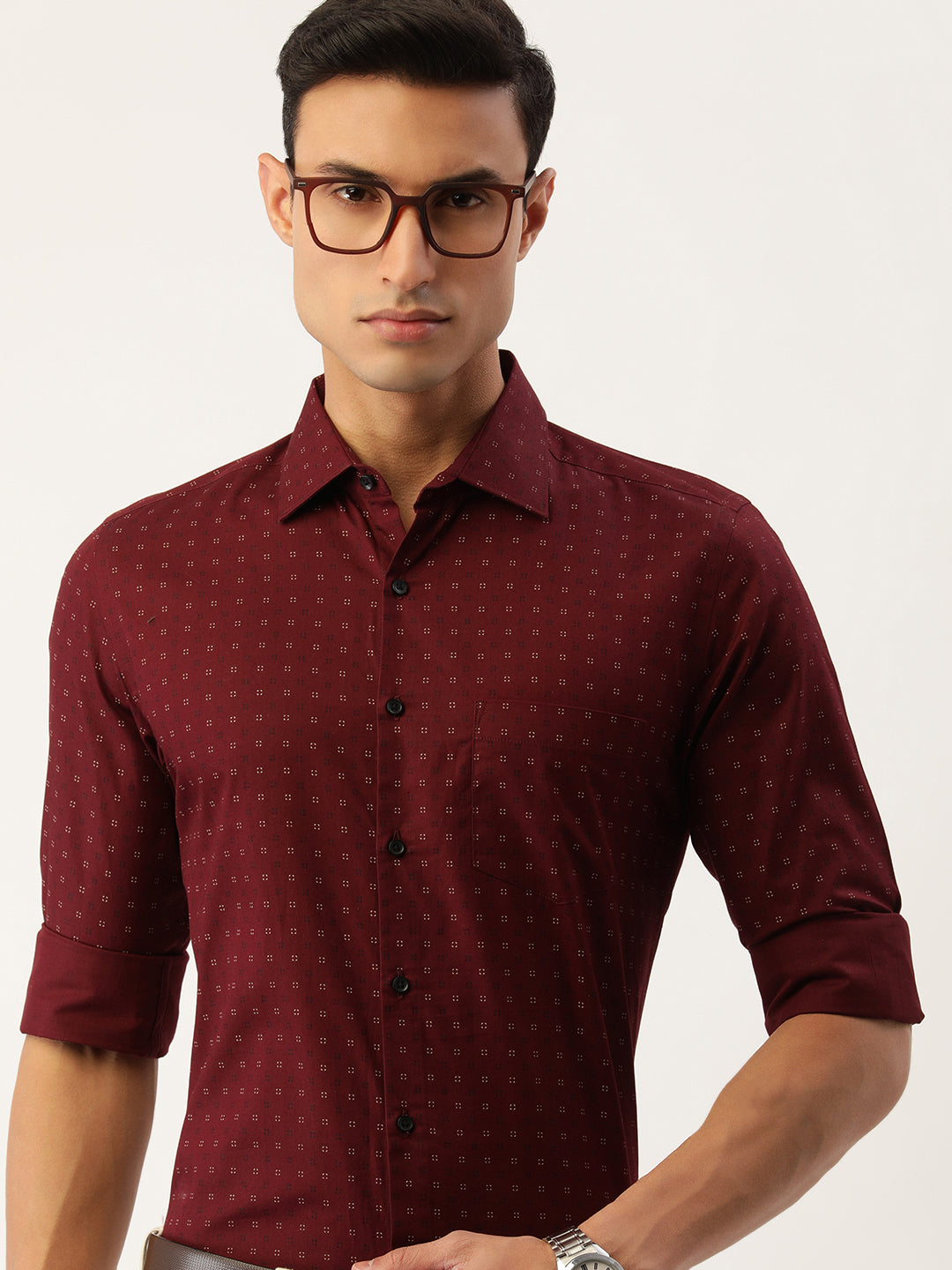 Men Maroon Slim Fit Full Sleeves Printed Formal Shirt