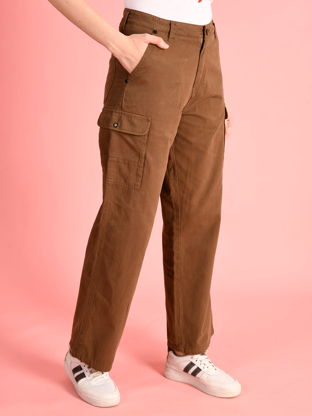 Women's High Rise Straight Fit Coffee Liqueur Cargo Trousers