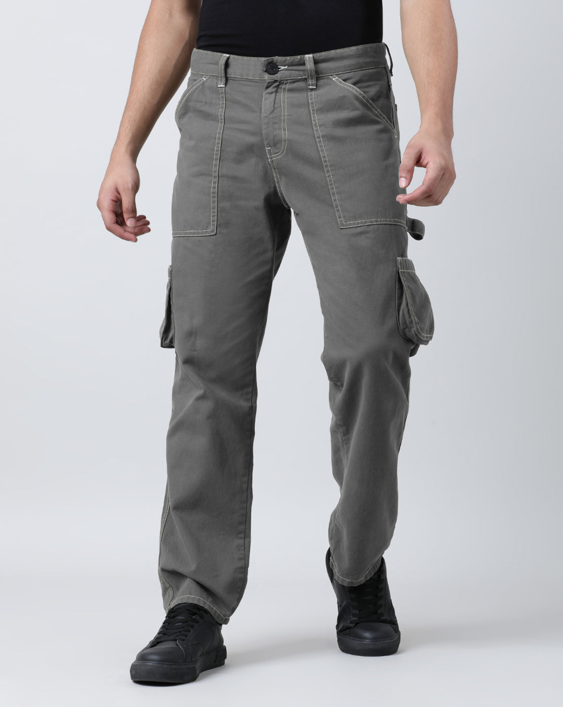 Men Light Grey Straight Fit Solid Carpenter Style Cargo Trouser