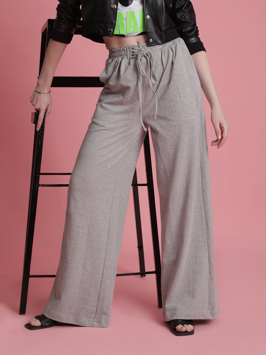 Women Grey Wide Leg Knitted Trousers