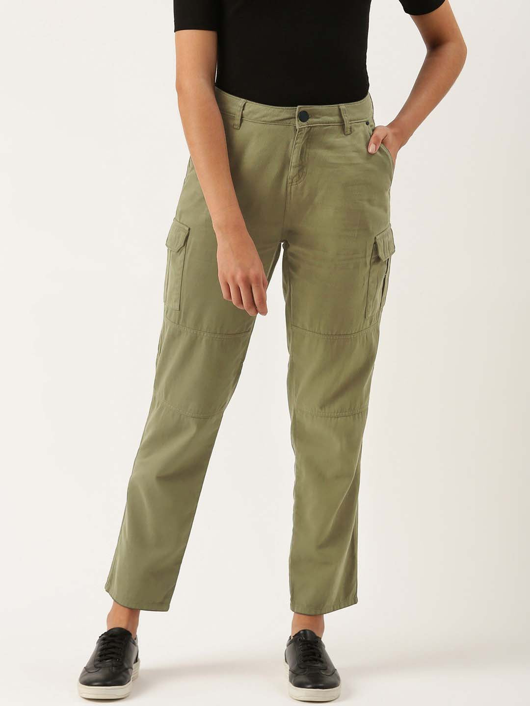 Women Olive Drab Slim Fit Solid Cargo Trousers