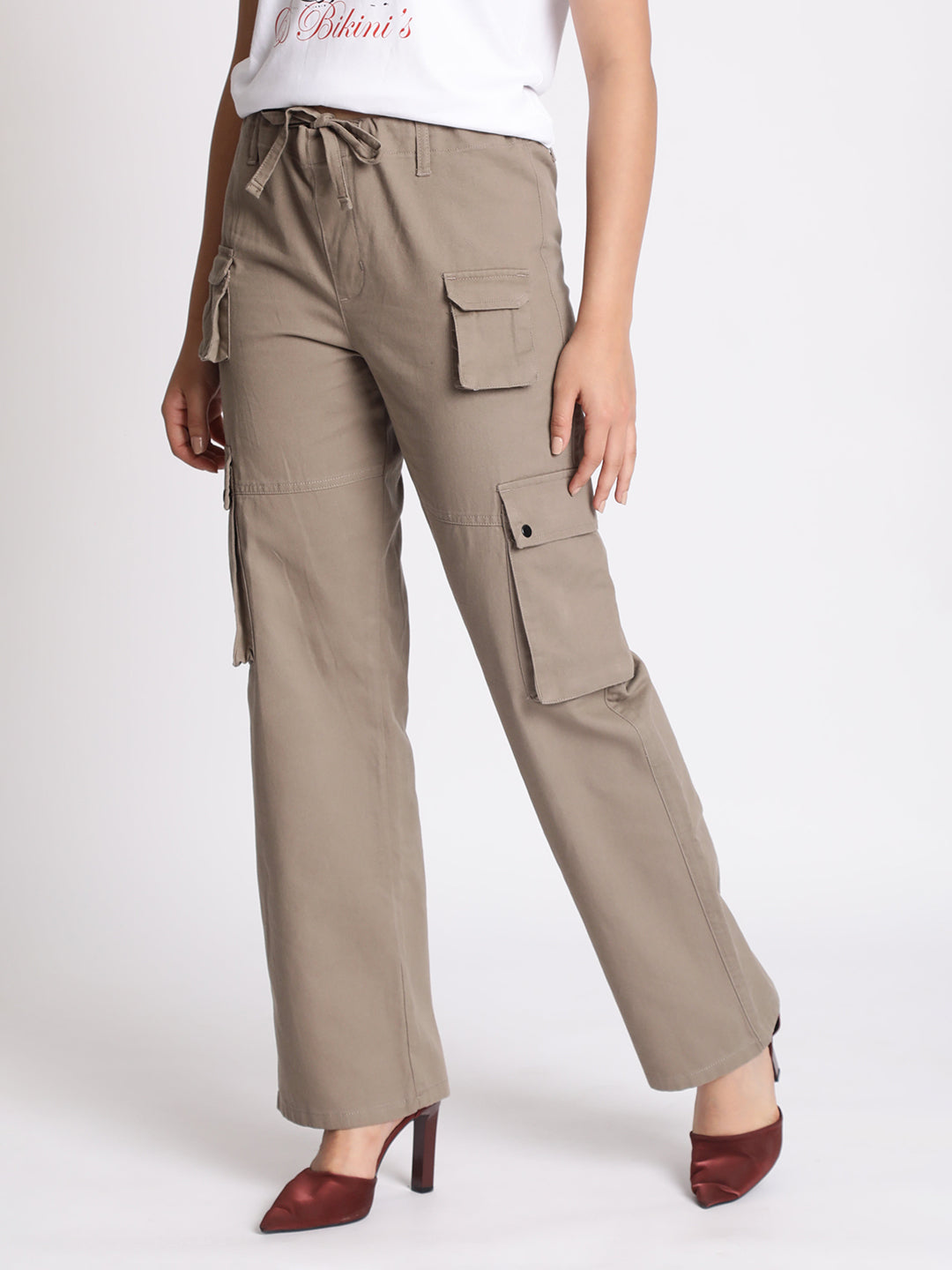 Women Beige Cargo Trousers with Adjustable Drawstring