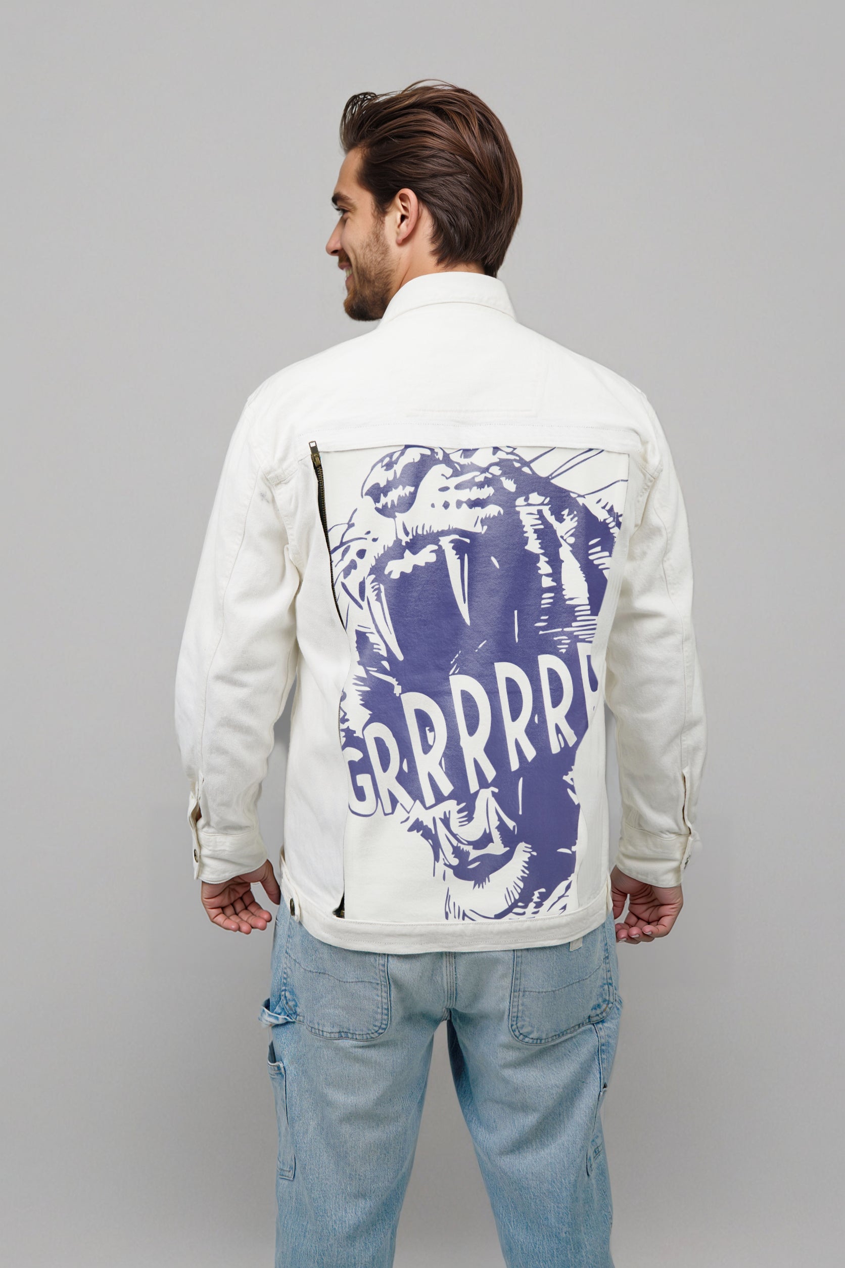 Men White Detachable Back Print Panel Denim Jacket