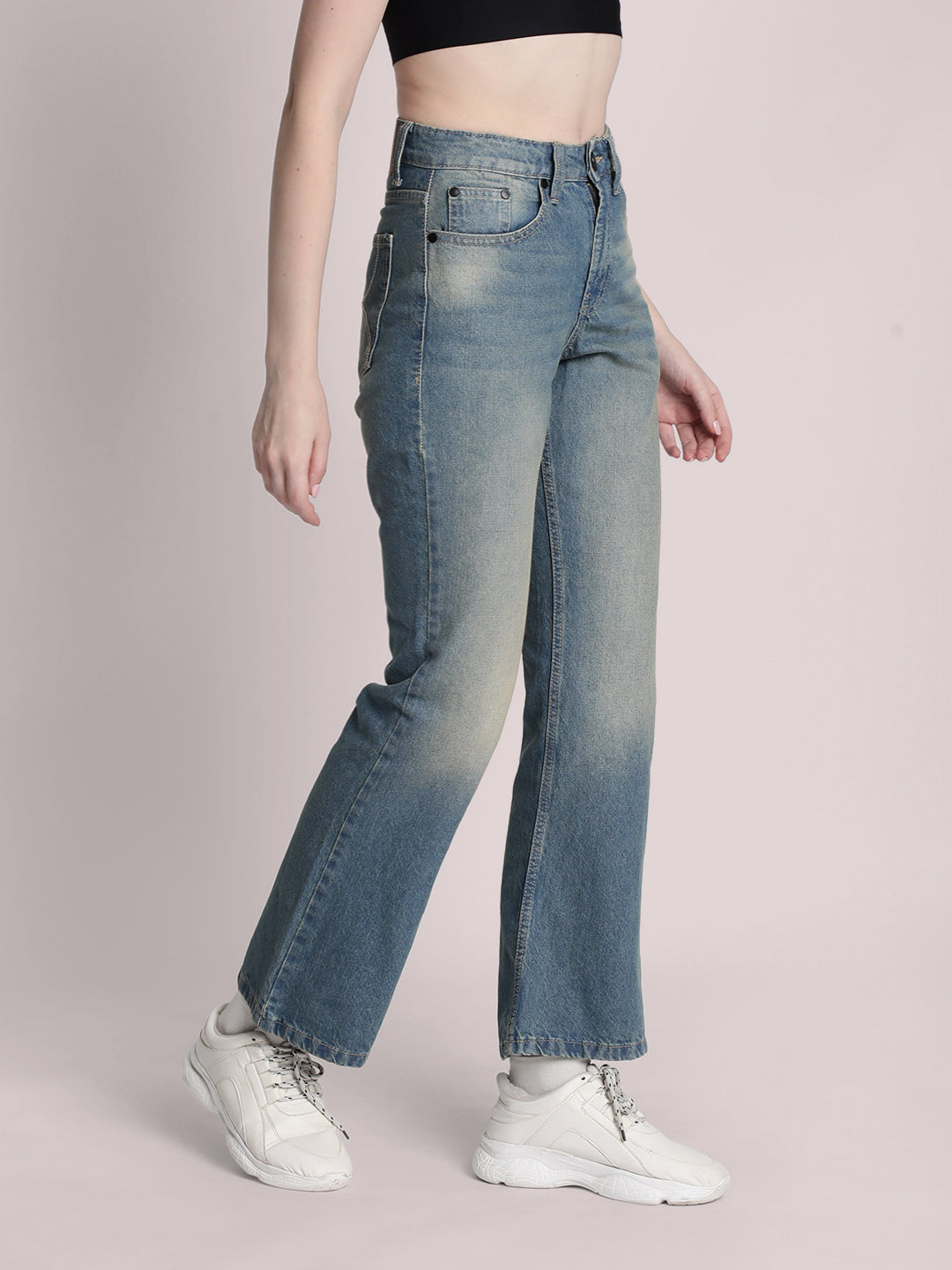 Women Light Blue Tinted Light Fade Bootcut Jeans