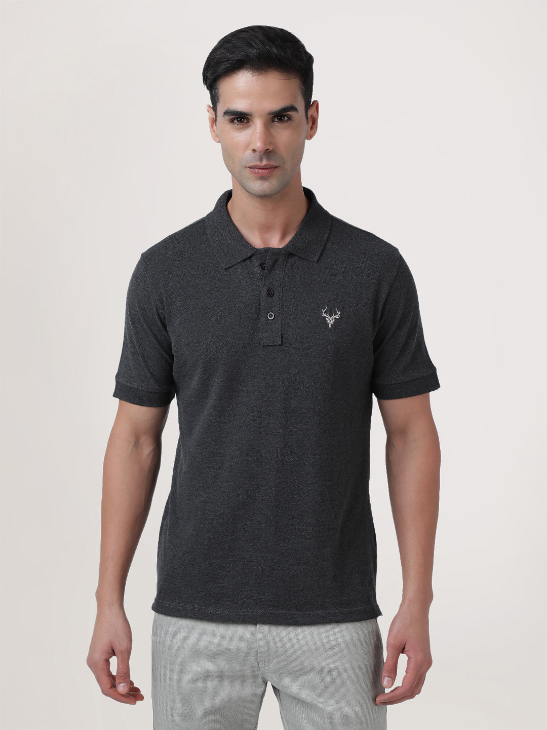 Men Charcoal Grey Regular Fit Polo T-Shirt with Chest Embroidery