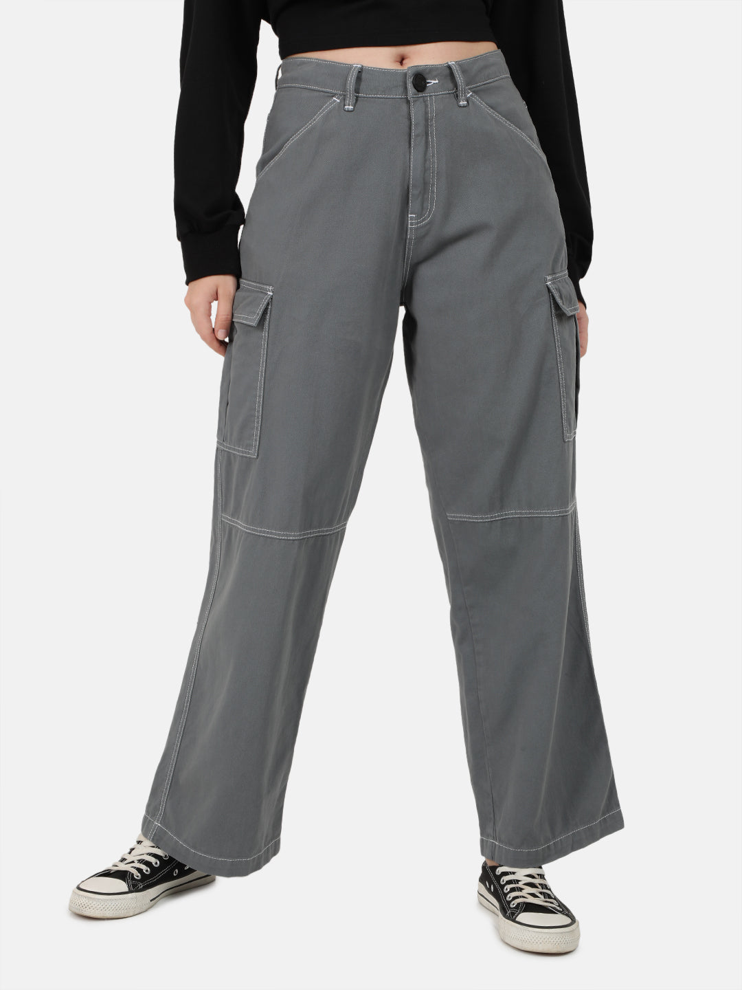 Women Iron Grey Overdyed Relaxed Fit Cargo Trousers with Contrast Stitch